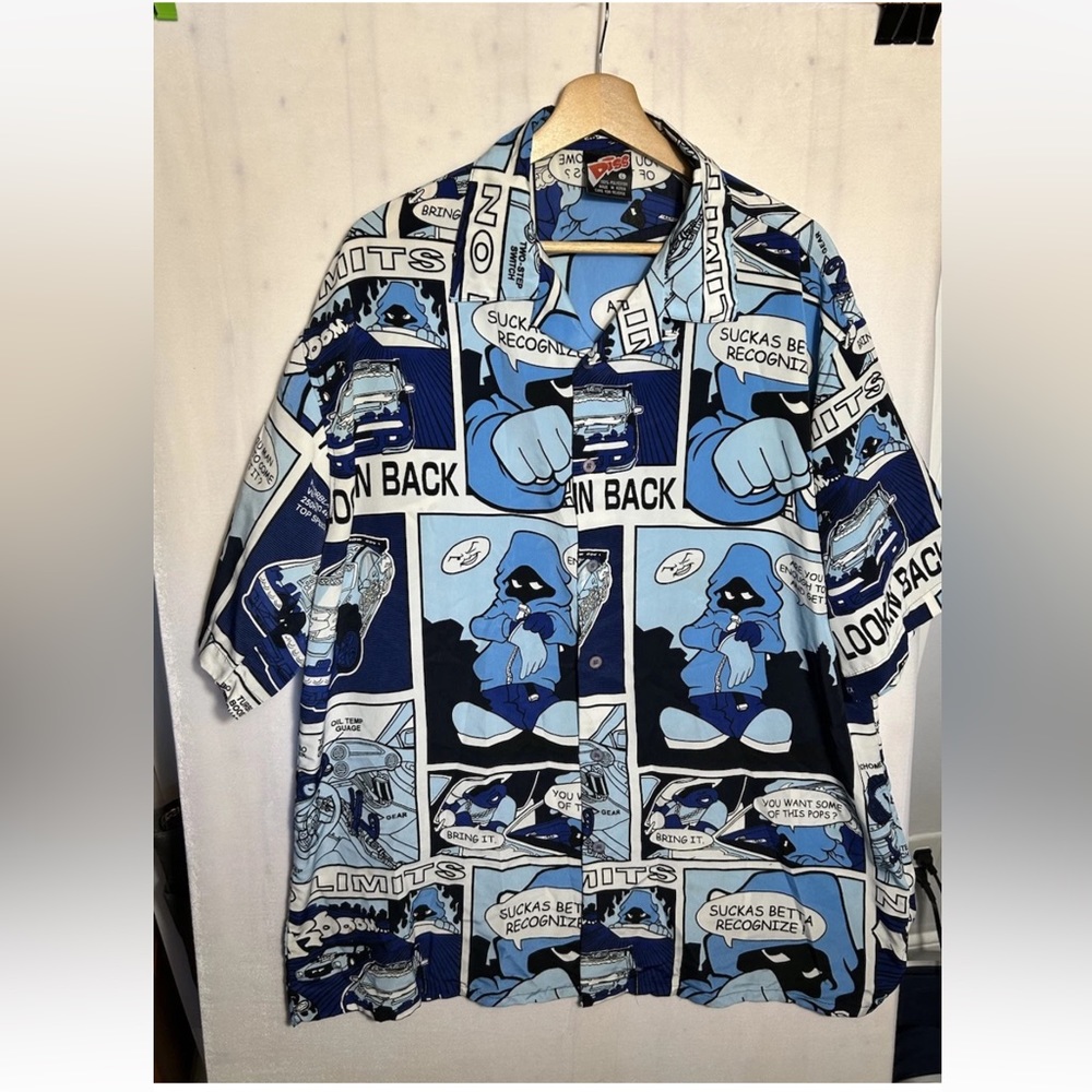 DISS 1990´S Button Cartoon Short Sleeve Shirt Blue Black White Suckas Recognize.